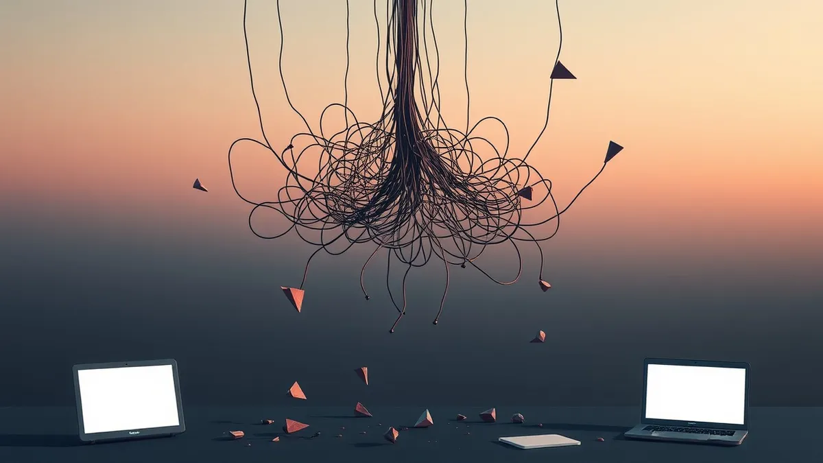 Illustration: A tangled web of severed digital threads hangs suspended in dark space, representing seized network infrastructure.