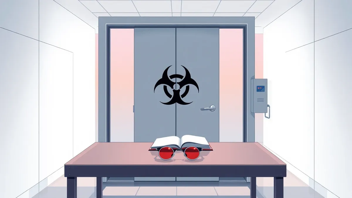 Illustration: A closed laboratory door with a blank biohazard symbol stands in a sterile corridor.