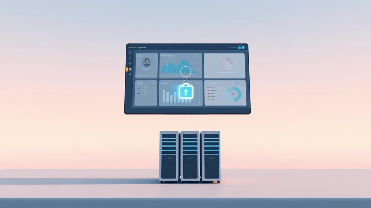 Illustration: A sleek server management dashboard floats in mid-air, displaying a blank control panel with abstract geometric widgets.