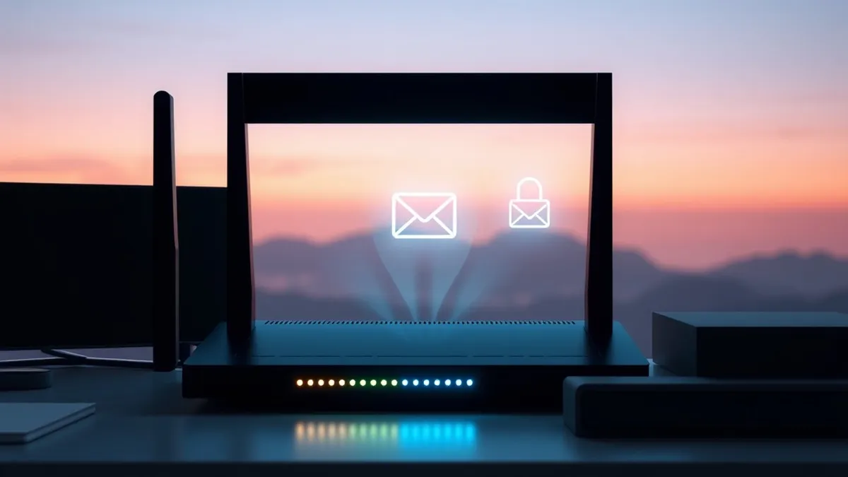Illustration: A sleek black network router sits on a desk, its indicator lights glowing softly.