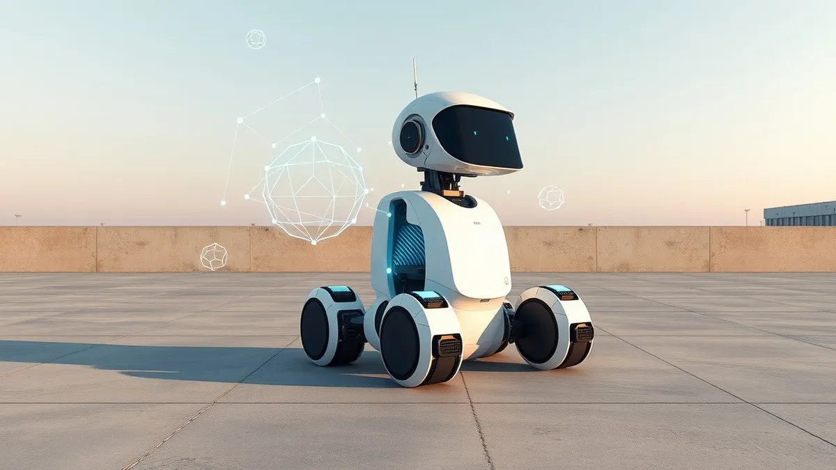 Illustration: A sleek white autonomous warehouse robot sits on a polished concrete floor.