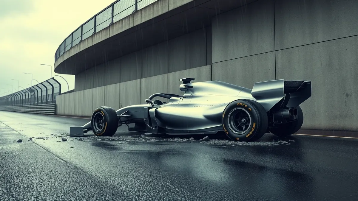 Illustration: A silver Formula One race car lies crumpled against the concrete retaining wall of a wet city circuit under heavy rain.