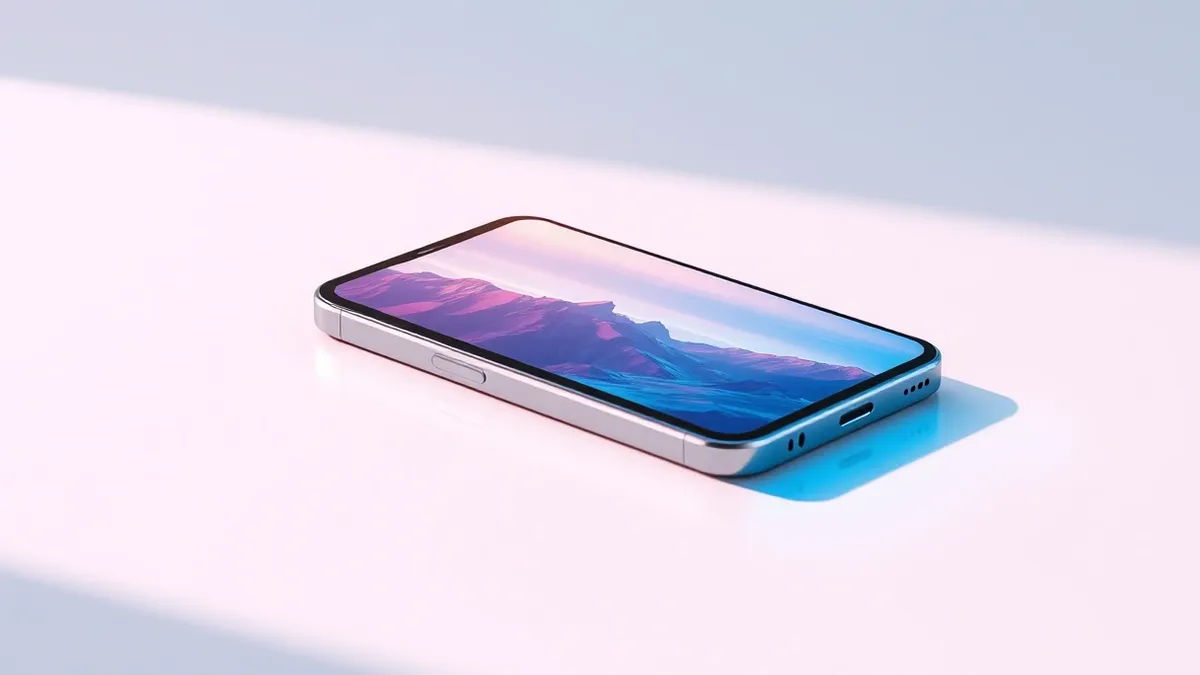 Illustration: A sleek smartphone rests on a clean white surface, its screen glowing with a vibrant abstract landscape photo.