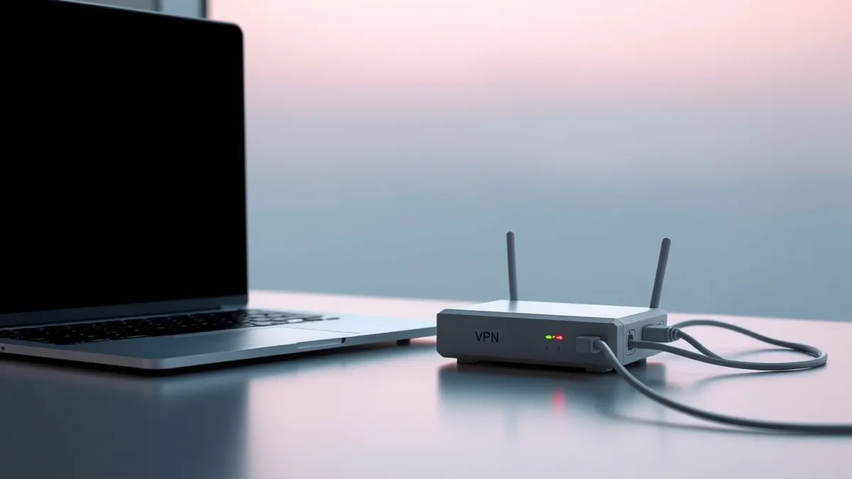 Illustration: A sleek office desk holds a modern laptop with a blank screen.