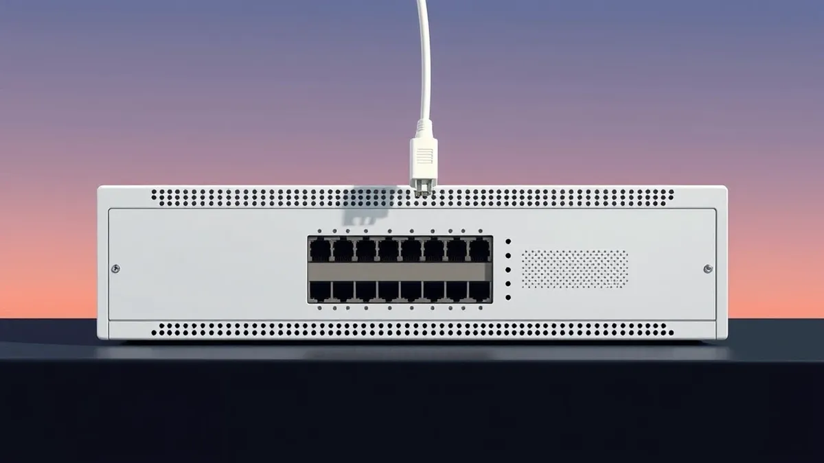 Illustration: A sleek white networking switch sits on a dark surface, its front panel featuring dense rows of blank ports and a subtle geometric pattern.