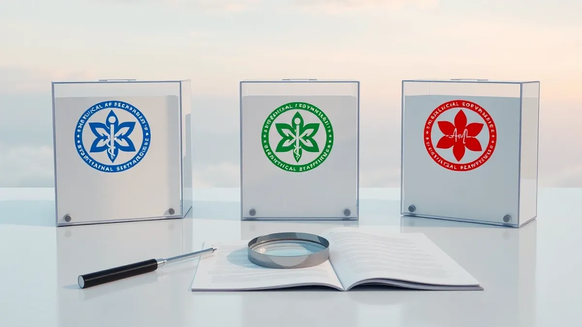 Illustration: A pristine white laboratory bench holds three distinct medical software development kits, each sealed in transparent protective casing.