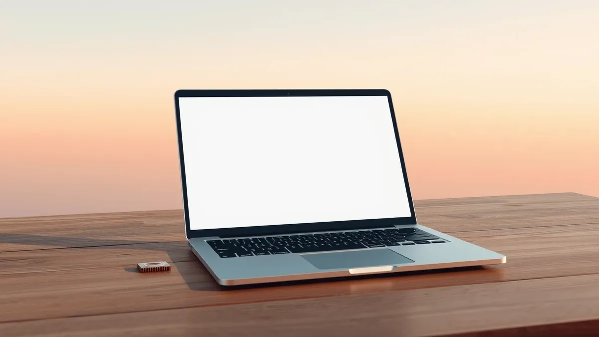 Illustration: A sleek silver laptop rests on a wooden desk, its lid open to reveal a blank screen.