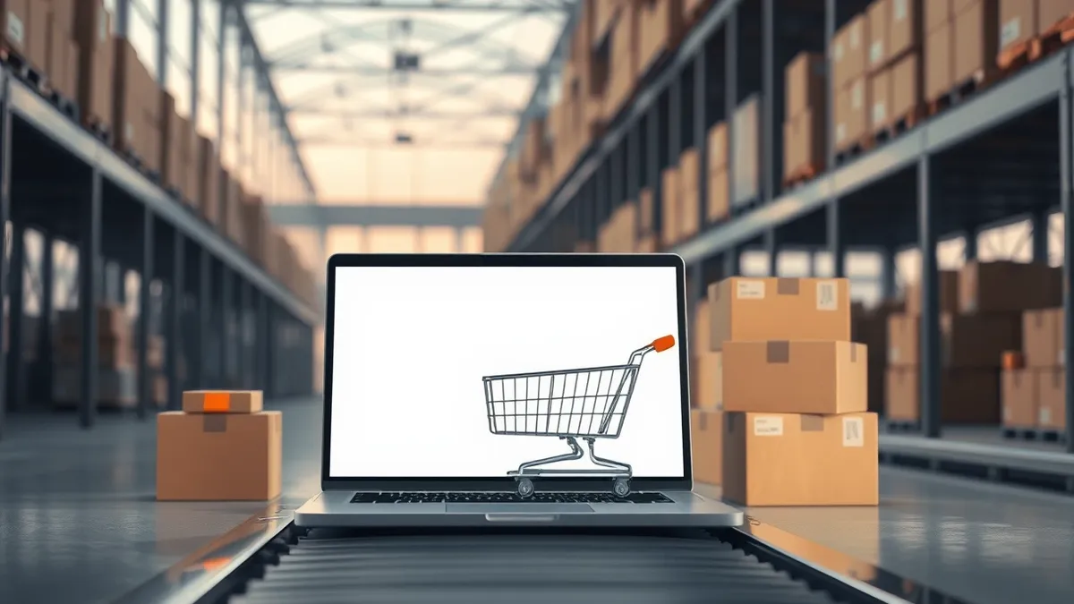 Illustration: A quiet, empty online shopping cart sits on a blank laptop screen, surrounded by disconnected delivery boxes and a paused conveyor belt in a dimly lit warehouse corri