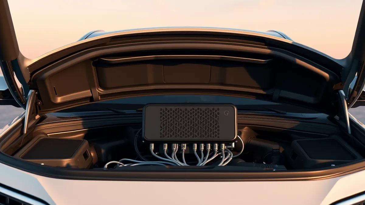 Illustration: A modern car hood rests open to reveal a sleek, black computer module with geometric vents.