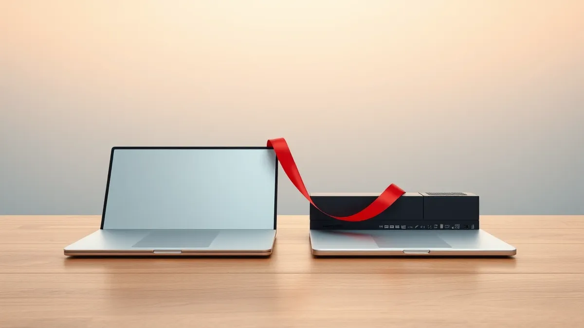 Illustration: A sleek silver laptop and a black graphics processing card sit side by side on a polished wooden table.