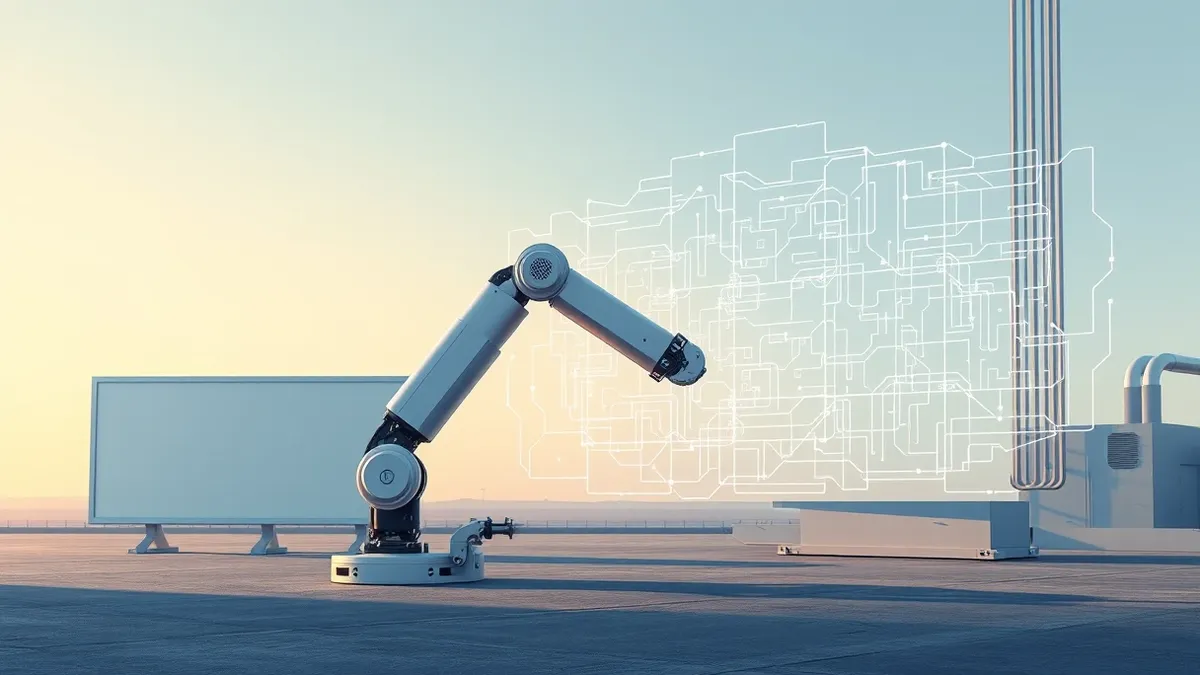 Illustration: A sleek silver robotic arm rests on a factory floor beside a blank industrial control panel.