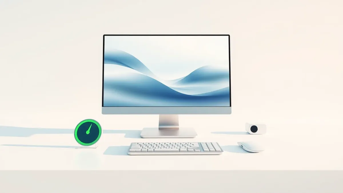 Illustration: A sleek desktop computer sits on a clean white surface, its monitor displaying a smooth, abstract interface with soft blue and white gradients.