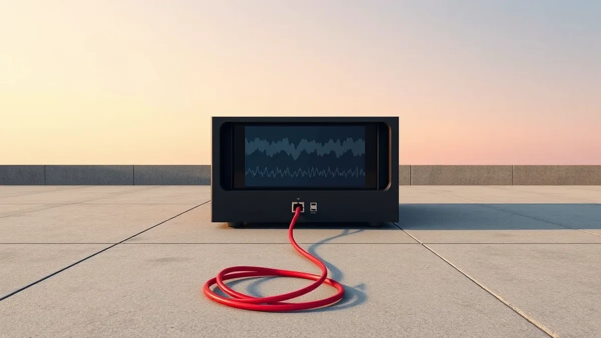 Illustration: A sleek black network appliance sits on a concrete floor, its front panel displaying blank abstract waveforms.