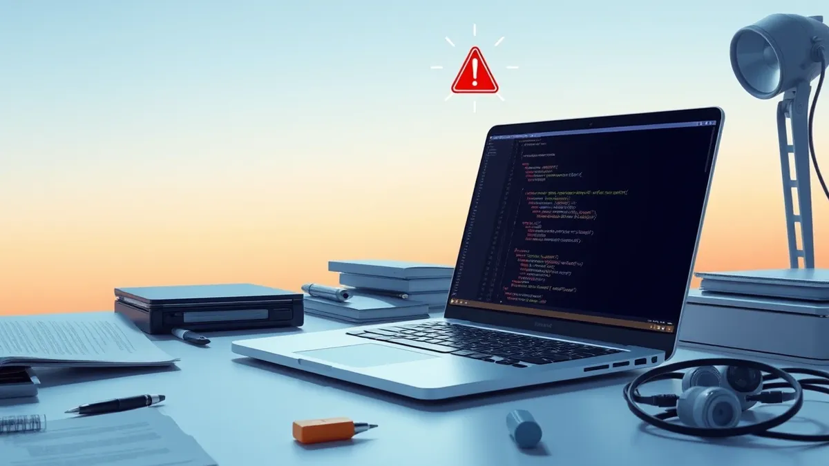 Illustration: A sleek silver laptop sits on a cluttered desk, its screen displaying a blank code editor window.