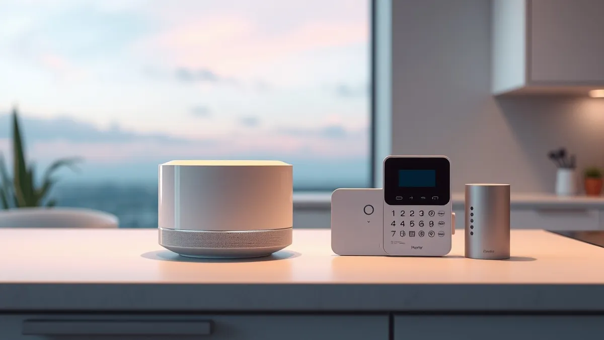 Illustration: A sleek white smart home hub sits on a modern kitchen counter next to a wireless security keypad.
