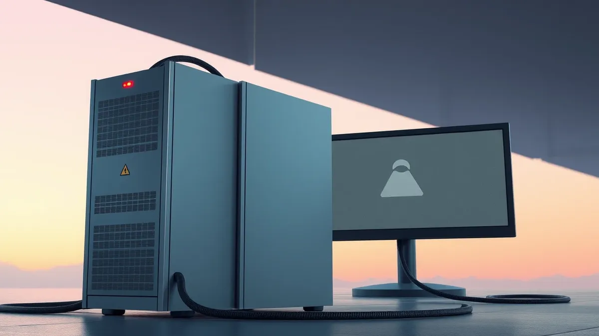 Illustration: A silver enterprise server sits in a dimly lit room with a single red warning light blinking on its front panel.