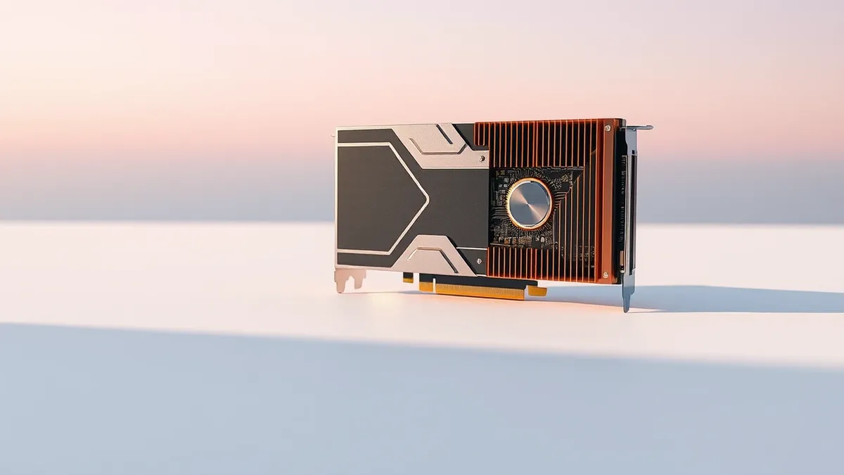 Illustration: A high-performance graphics card rests on a clean white surface, its copper cooling fins and circuit traces clearly visible.
