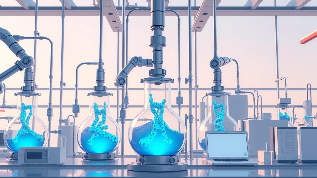 Illustration: A modern industrial laboratory features sleek glass reactors bubbling with iridescent blue liquid.
