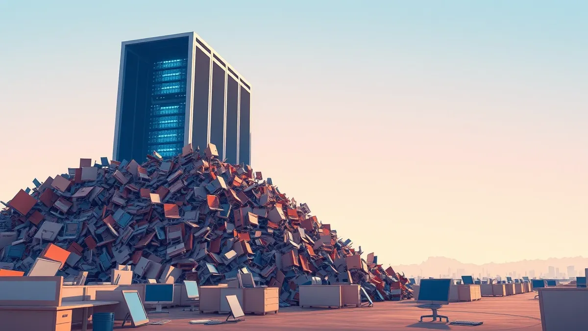 Illustration: A towering pile of discarded office chairs and empty cubicle partitions stretches into the distance, dwarfed by a massive, sleek server tower humming with blue light.