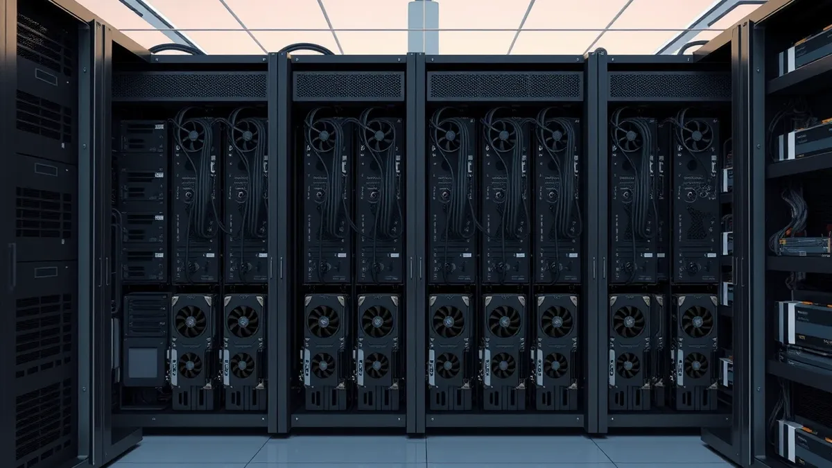 Illustration: Rows of black graphics cards rest inside open server chassis in a cooling room.