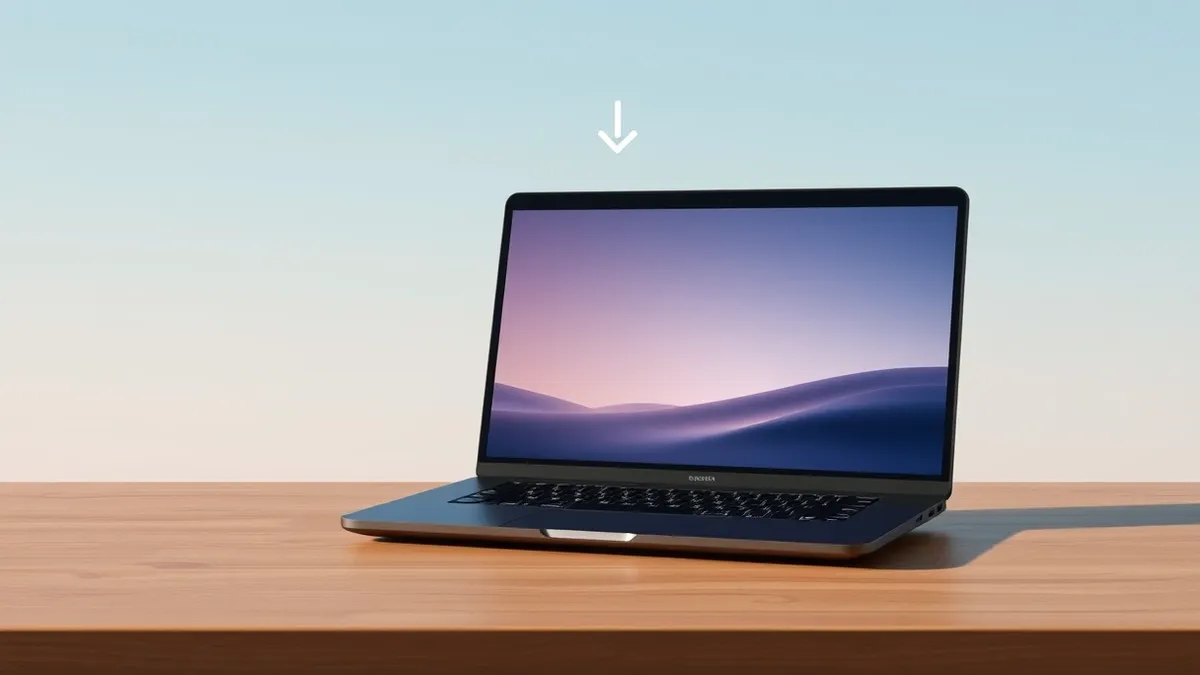 Illustration: A sleek black laptop sits on a wooden desk with its screen displaying a soft, abstract gradient.