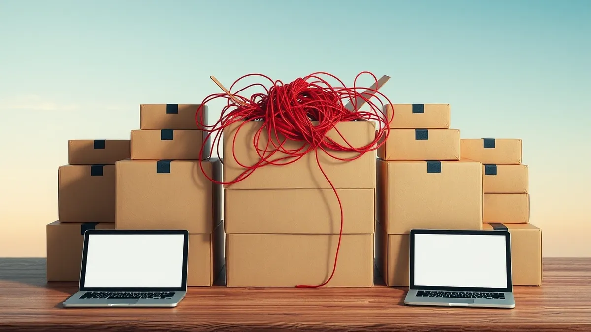 Illustration: A tangled knot of red threads weaves through a stack of neatly arranged cardboard boxes on a wooden table.