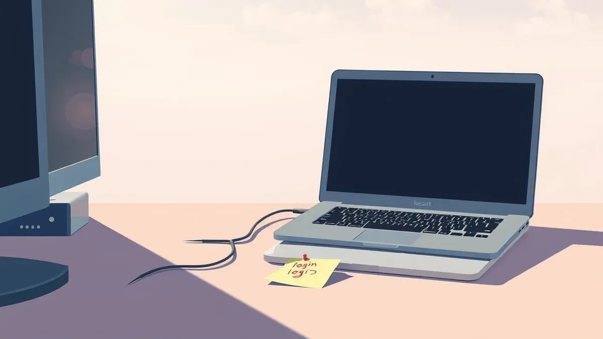 Illustration: A sterile office desk holds an open laptop with a blank screen, its power cable unplugged and trailing onto the floor.