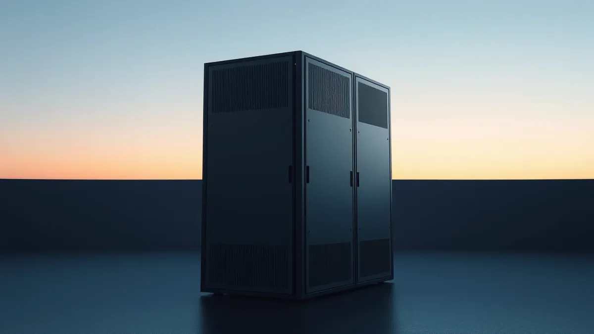 Illustration: A sleek server rack with blank front panels stands in a dimly lit room.