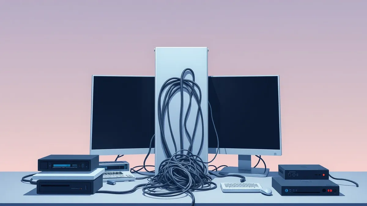 Illustration: A sleek white server tower sits on a cluttered desk, its front panel glowing with a soft blue light.