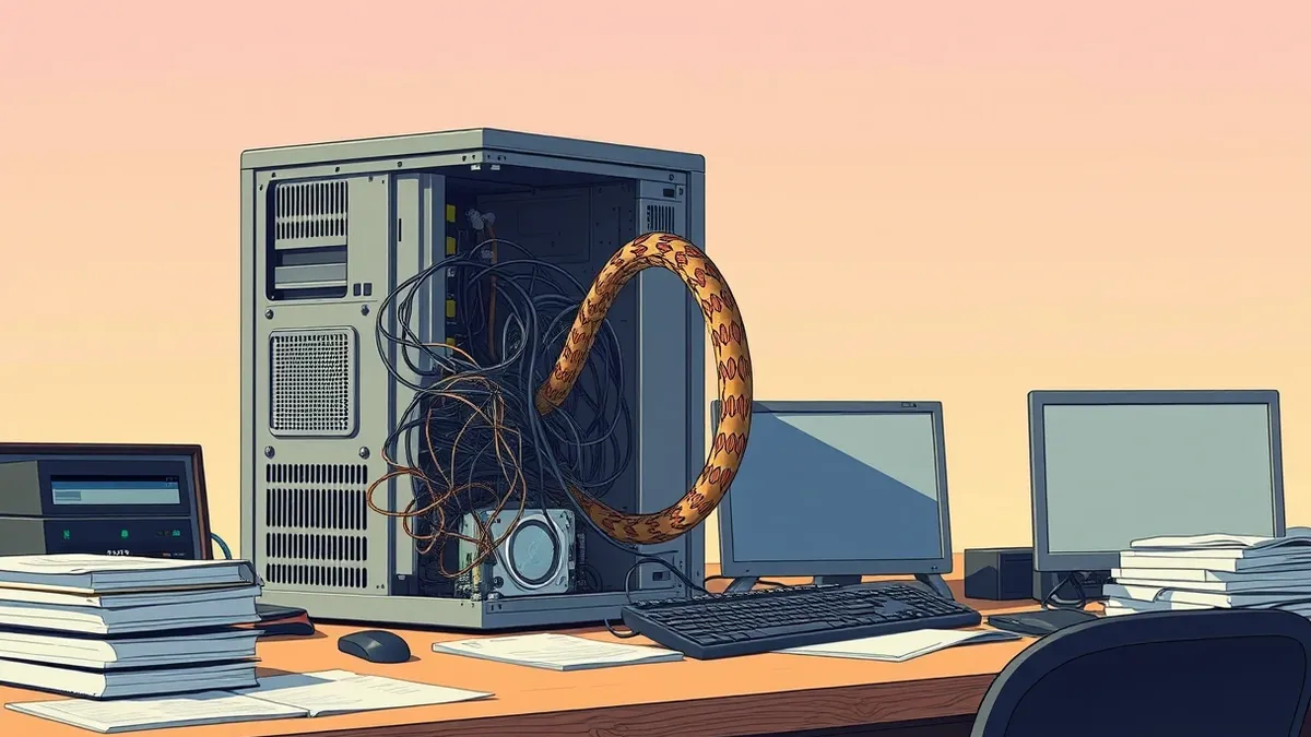 Illustration: A cluttered office desk holds a Windows desktop tower with its side panel removed, exposing tangled internal wires.