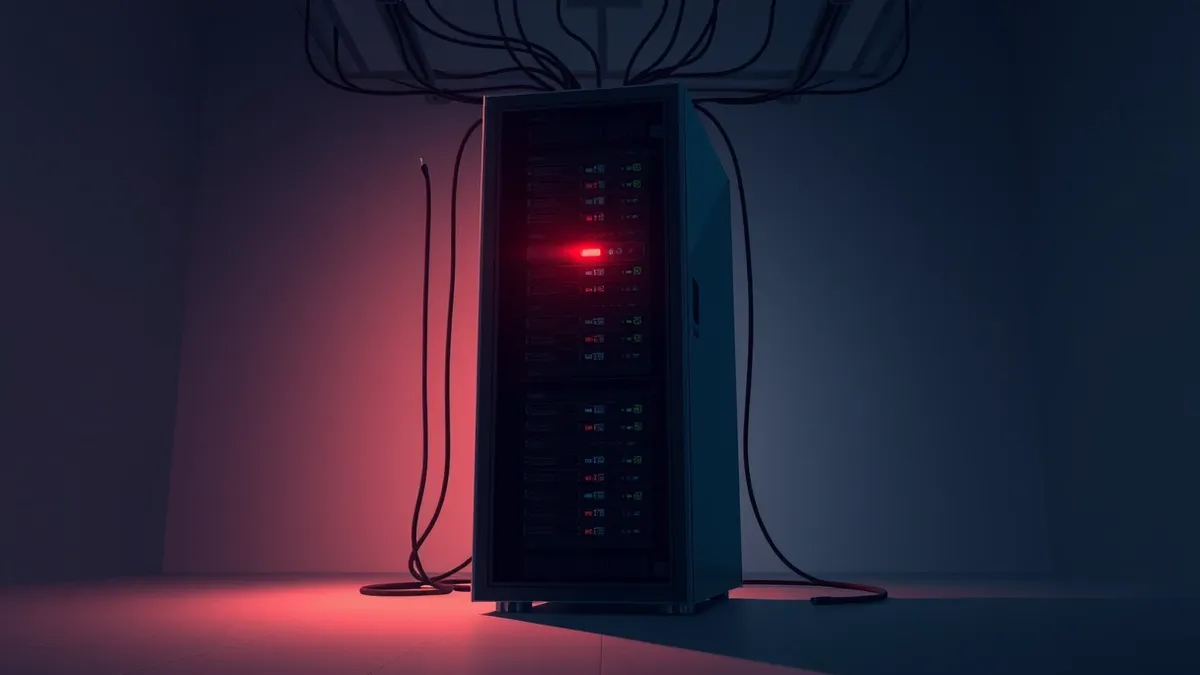 Illustration: A sleek, modern server rack stands in a dimly lit room, its front panel displaying a single, harsh red light among rows of dormant indicators.