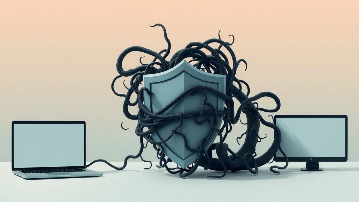 Illustration: A dark, tangled digital vine wraps tightly around a shield-shaped antivirus icon, suffocating its connection to the cloud.