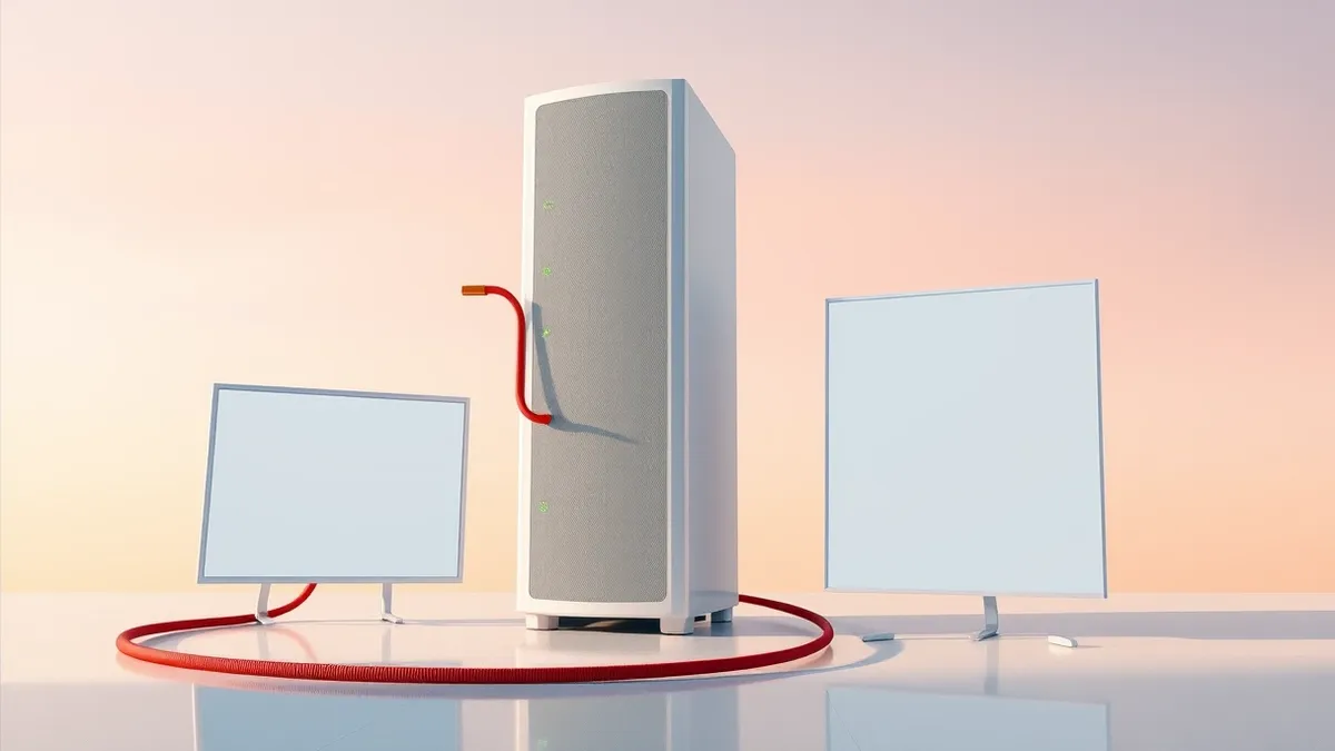 Illustration: A sleek white financial server tower stands on a polished office floor, its status lights glowing steady green while a single red alert icon hovers beside it.