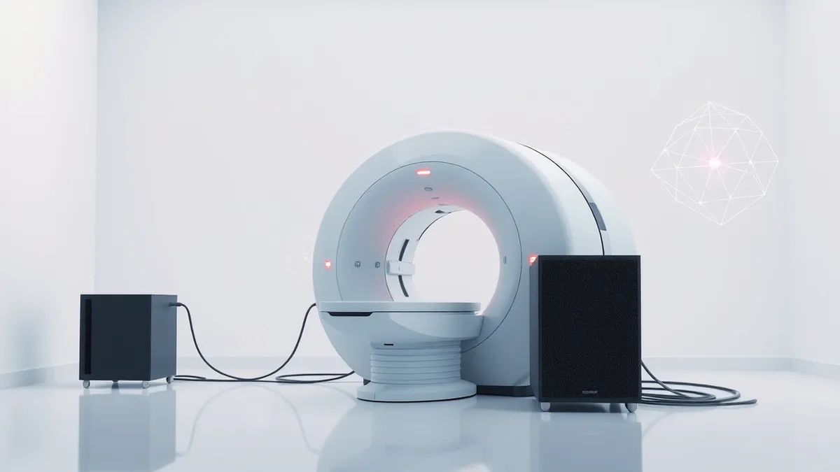 Illustration: A sleek medical imaging scanner sits in a sterile white room, connected by thick cables to a compact black server box.
