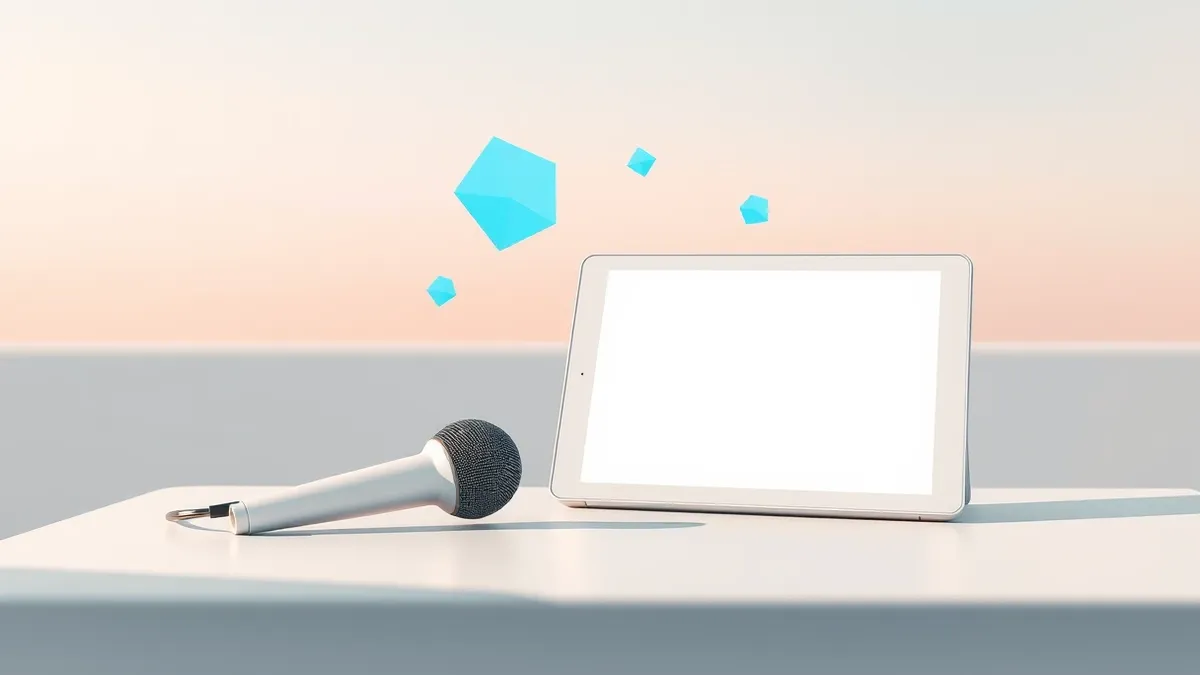 Illustration: A sleek white medical dictation microphone rests on a sterile examination table next to a blank digital tablet.