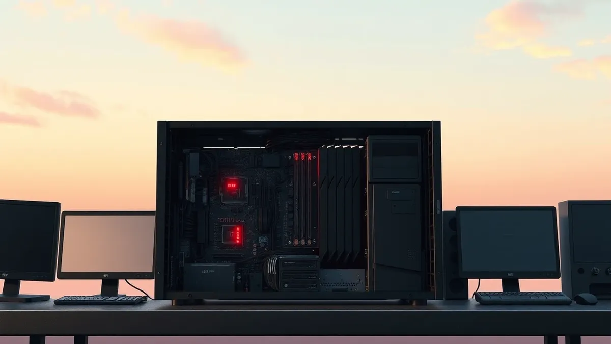 Illustration: A sleek black server chassis sits open on a workbench, revealing intricate circuit boards and cooling fans.