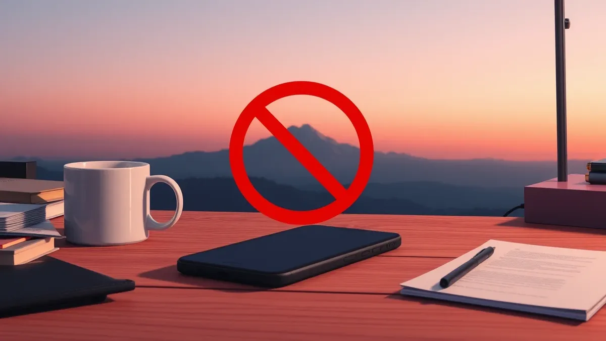 Illustration: A sleek black smartphone rests on a cluttered wooden desk next to an empty coffee mug.