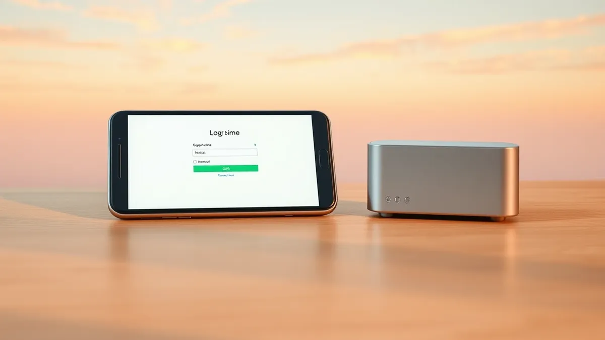 Illustration: A sleek smartphone rests on a wooden desk, its screen displaying a blank web browser window with a generic login form.