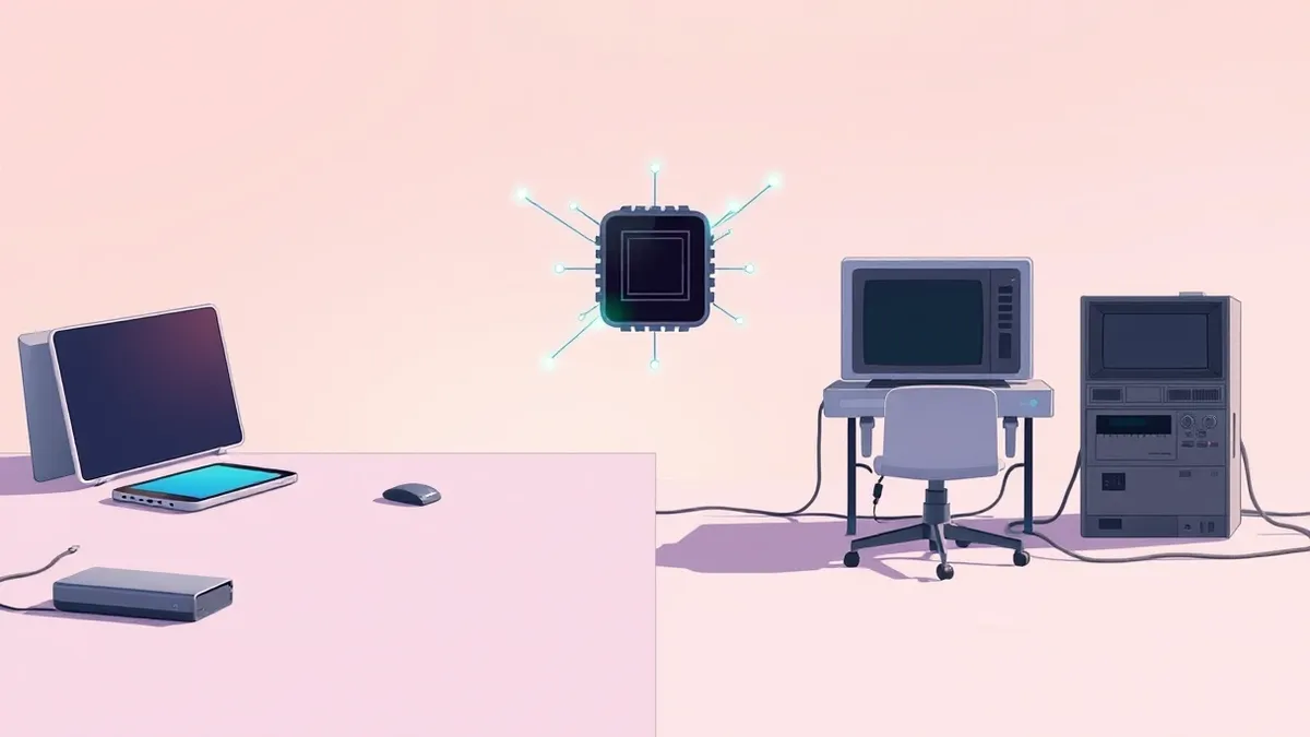Illustration: A split composition shows two contrasting workspaces.