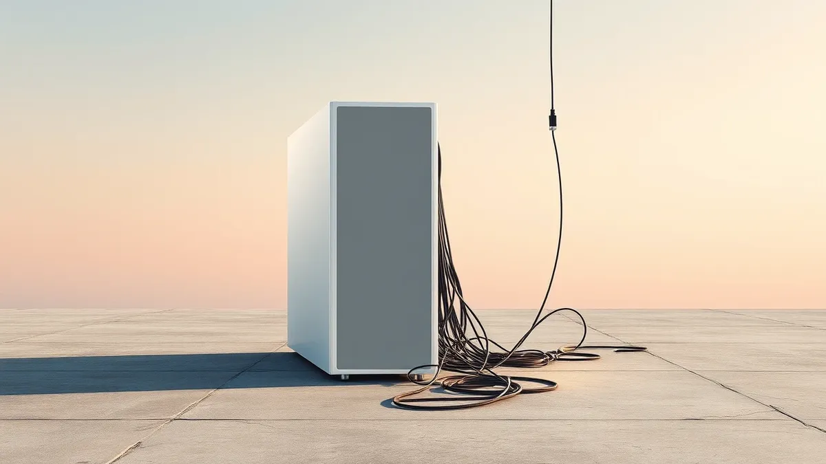 Illustration: A sleek white server tower sits on a concrete floor, its single front panel displaying a blank grey screen.