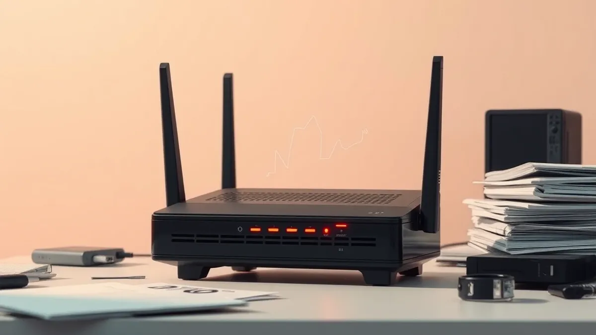 Illustration: A small black wireless router sits on a cluttered desk, its status lights blinking erratically in red.