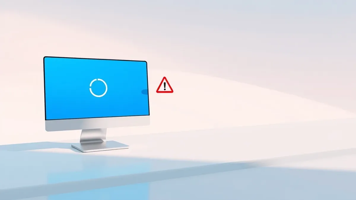 Illustration: A sleek silver desktop computer sits on a clean white desk, its monitor displaying a bright blue screen with a simple circular loading icon.