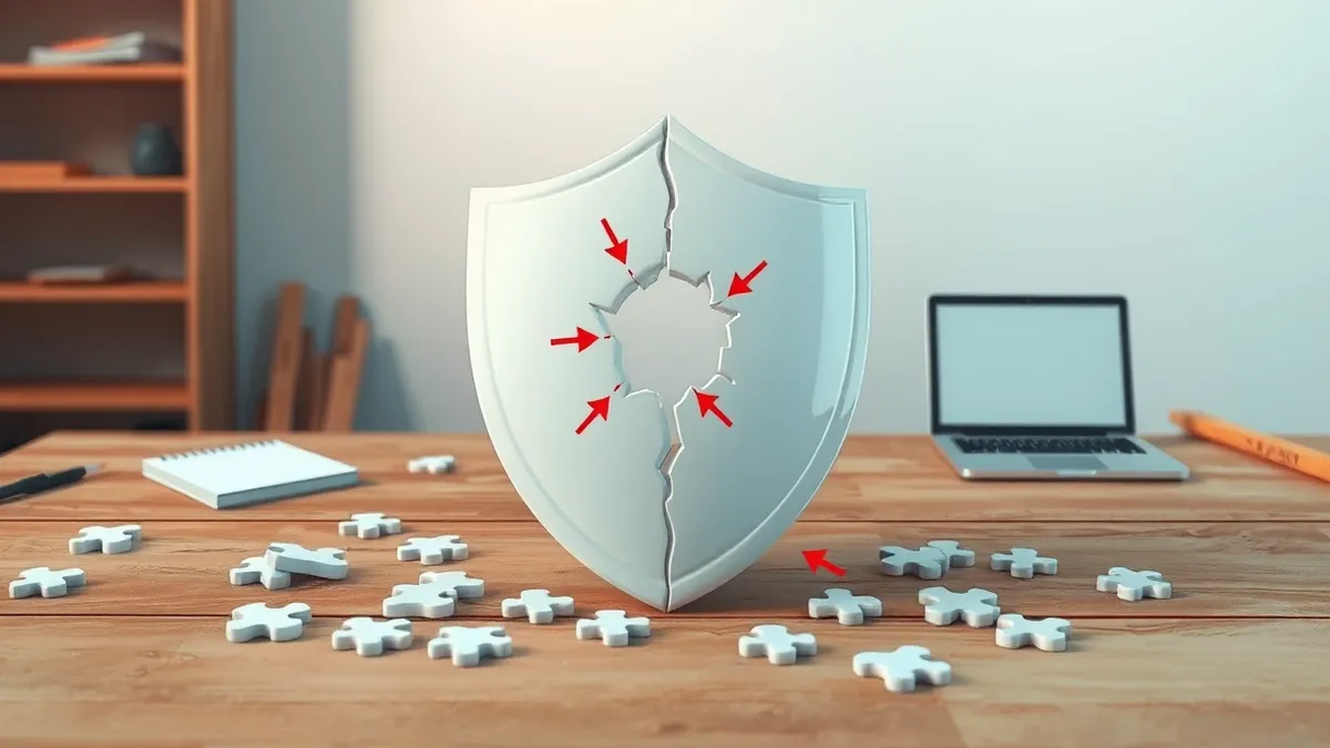 Illustration: A cracked white ceramic shield sits on a wooden workbench, surrounded by scattered puzzle pieces.