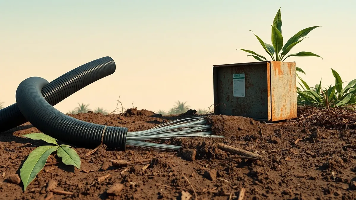 Illustration: A thick black fiber optic cable snakes across muddy jungle ground toward a rusted metal box.