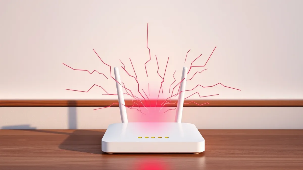 Illustration: A white consumer wireless router sits on a wooden desk, its single antenna angled sharply upward.