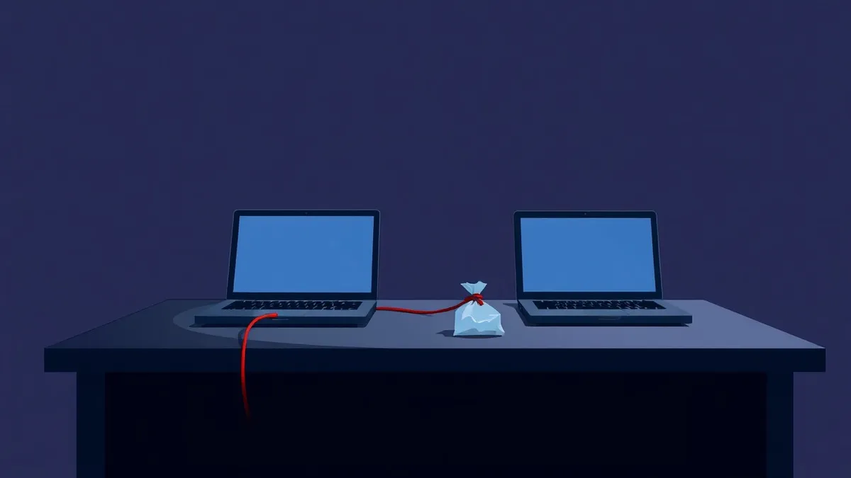 Illustration: A darkened room contains a single desk with two closed laptop computers.