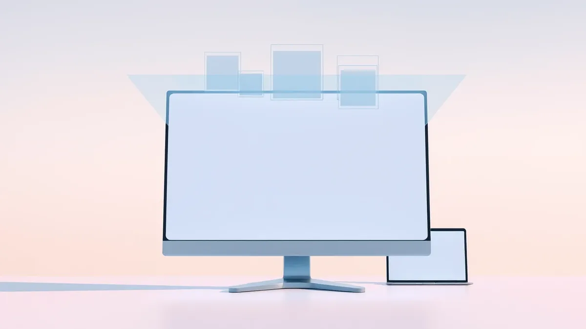 Illustration: A translucent overlay of abstract geometric blocks floats above a sleek desktop computer monitor.