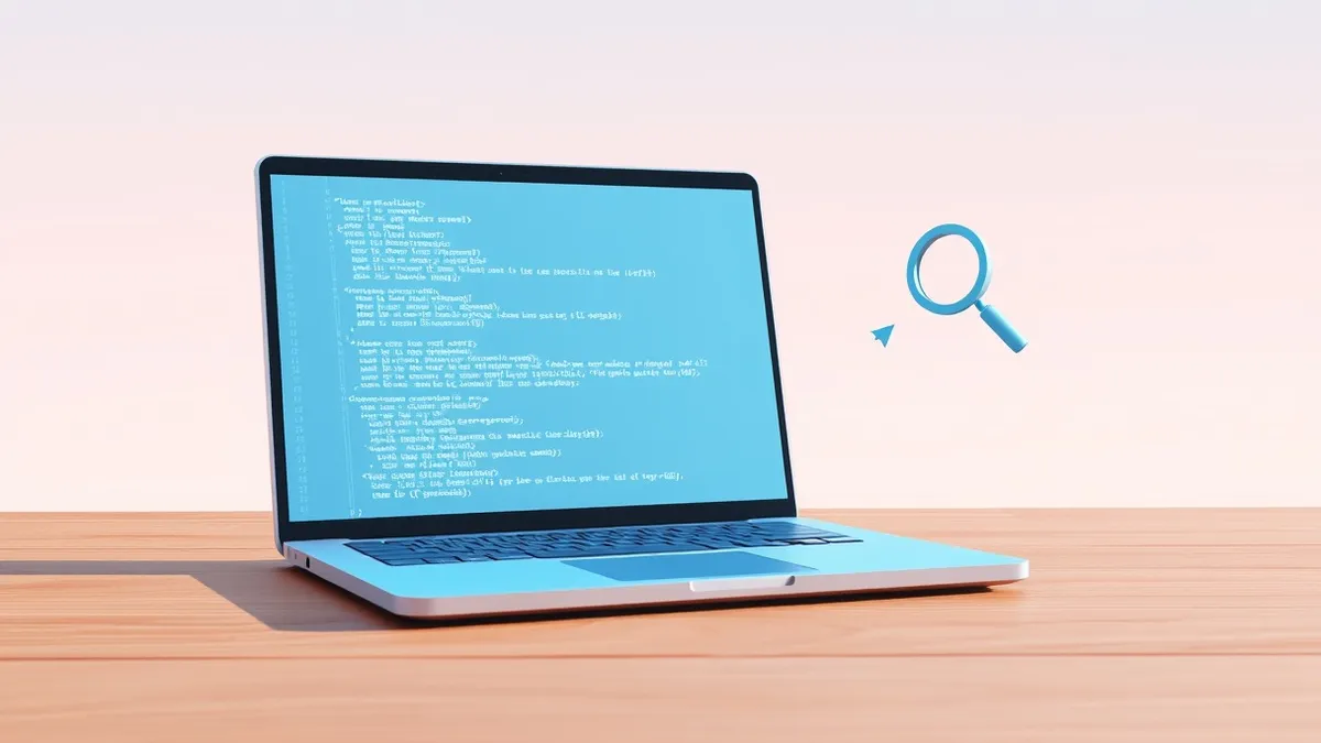 Illustration: A modern laptop sits on a wooden desk, its screen displaying lines of code that glow with a soft blue light.