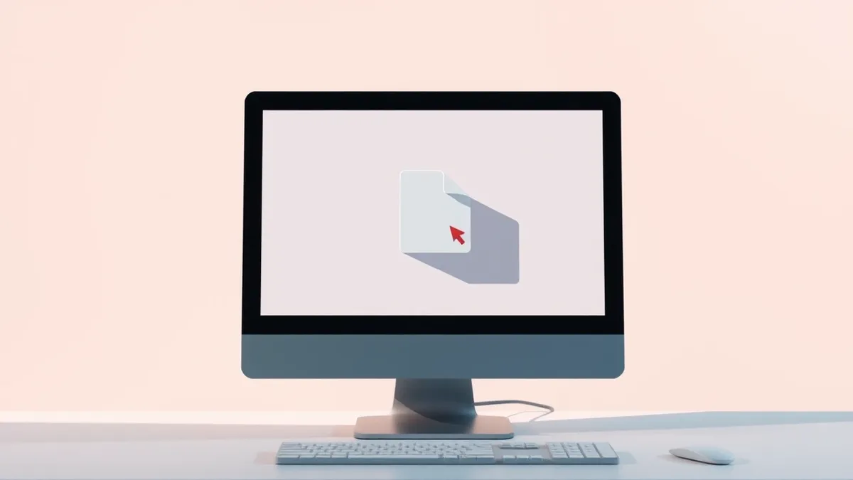 Illustration: A desktop computer screen displays a single file icon shaped like a curled document with a small arrow overlay, representing a shortcut.