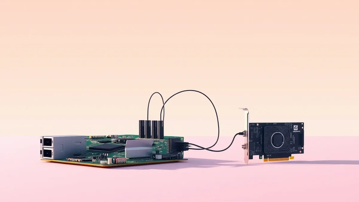 Illustration: A circuit board with a storage drive controller sits beside a graphics processing unit and a network card.